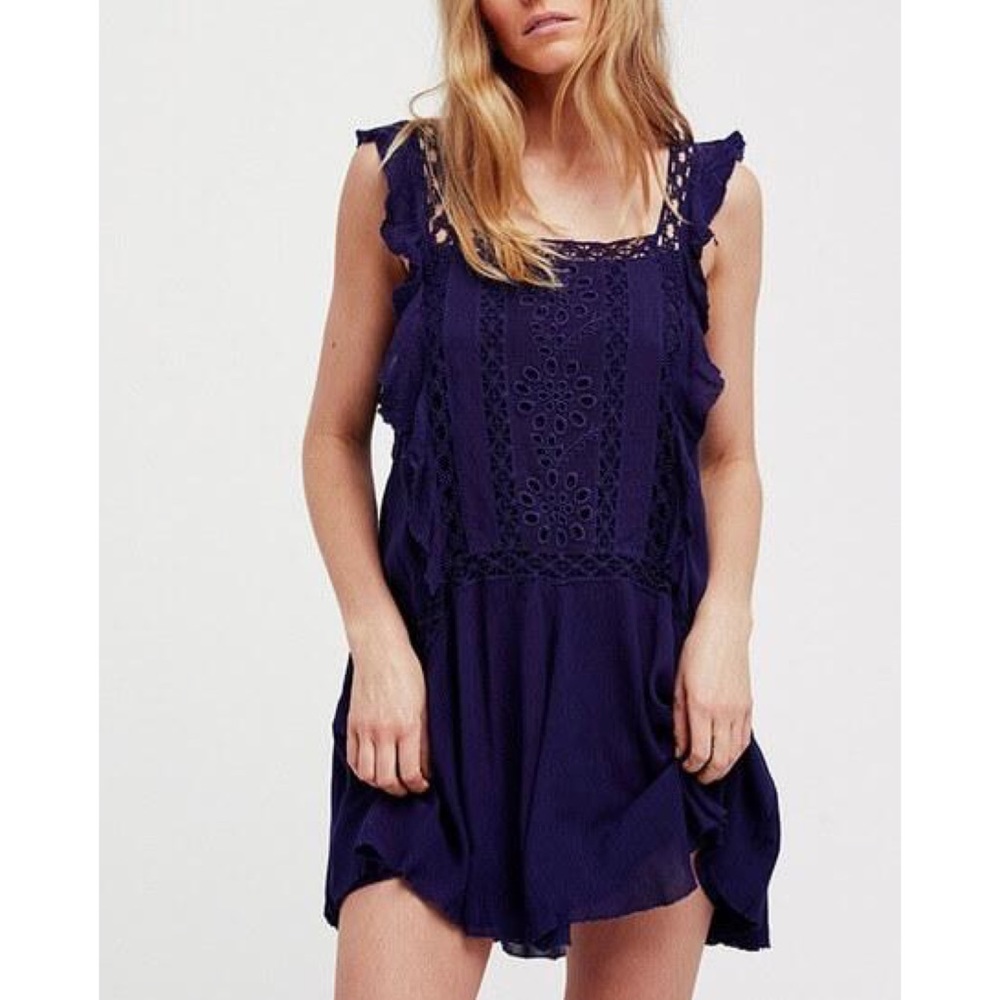 Free People Priscilla Dress Crochet Trim Navy XS